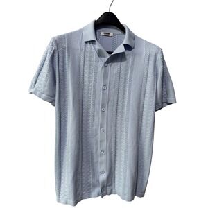 COOFANDY Mens Light Blue Knit Button Down Short Sleeve Pointelle Polo Shirt M